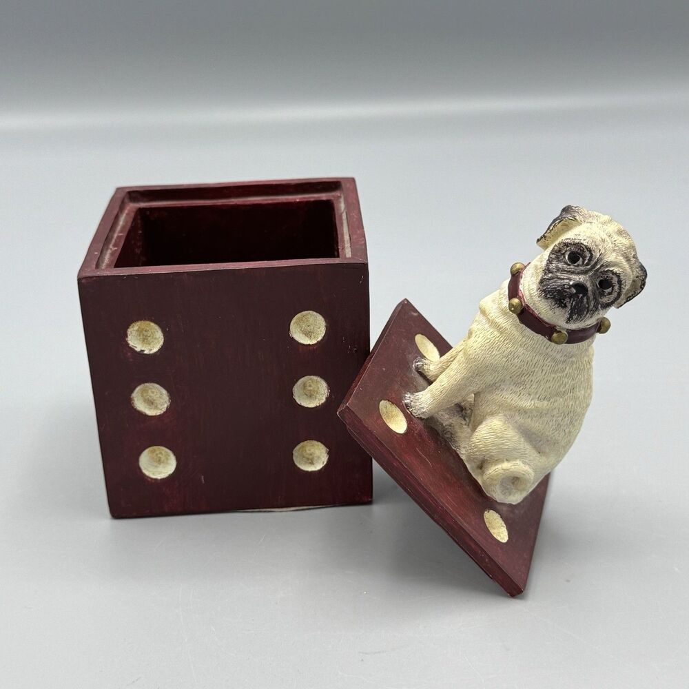 Vtg Dice Shaped Trinket Box Pug Bull Dog Topper Office Fathers Day Gift Idea